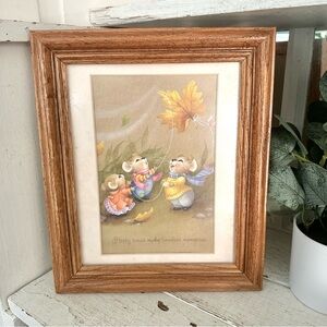 Vtg “Happy Times Make Timeless Memories” Cute Mouse Art Autumn Leaf Wood Framed